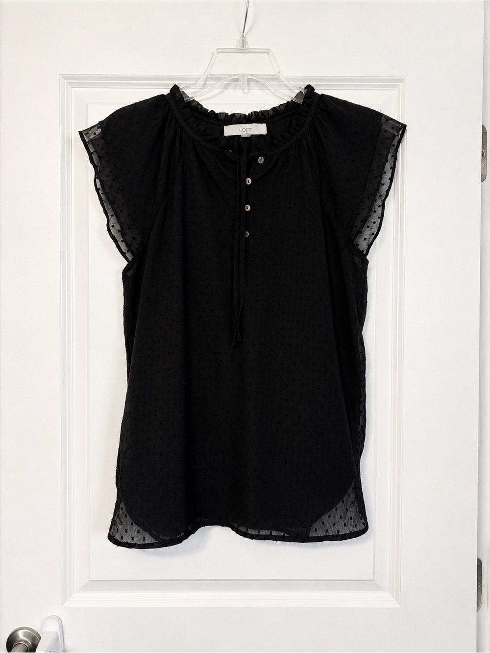 LOFT Black Swiss Dot Ruffle Tie-Neck Blouse